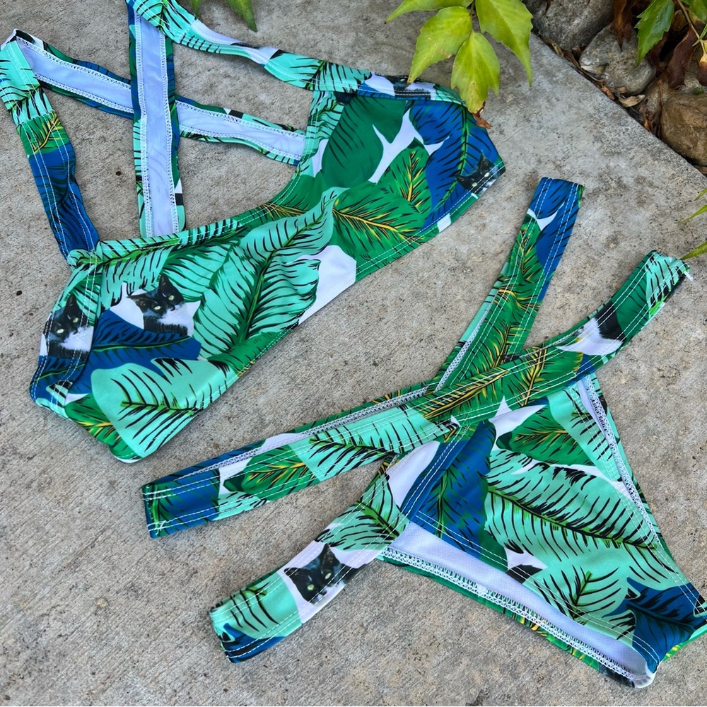 Cat and Plant Bikini Swimsuit Size L